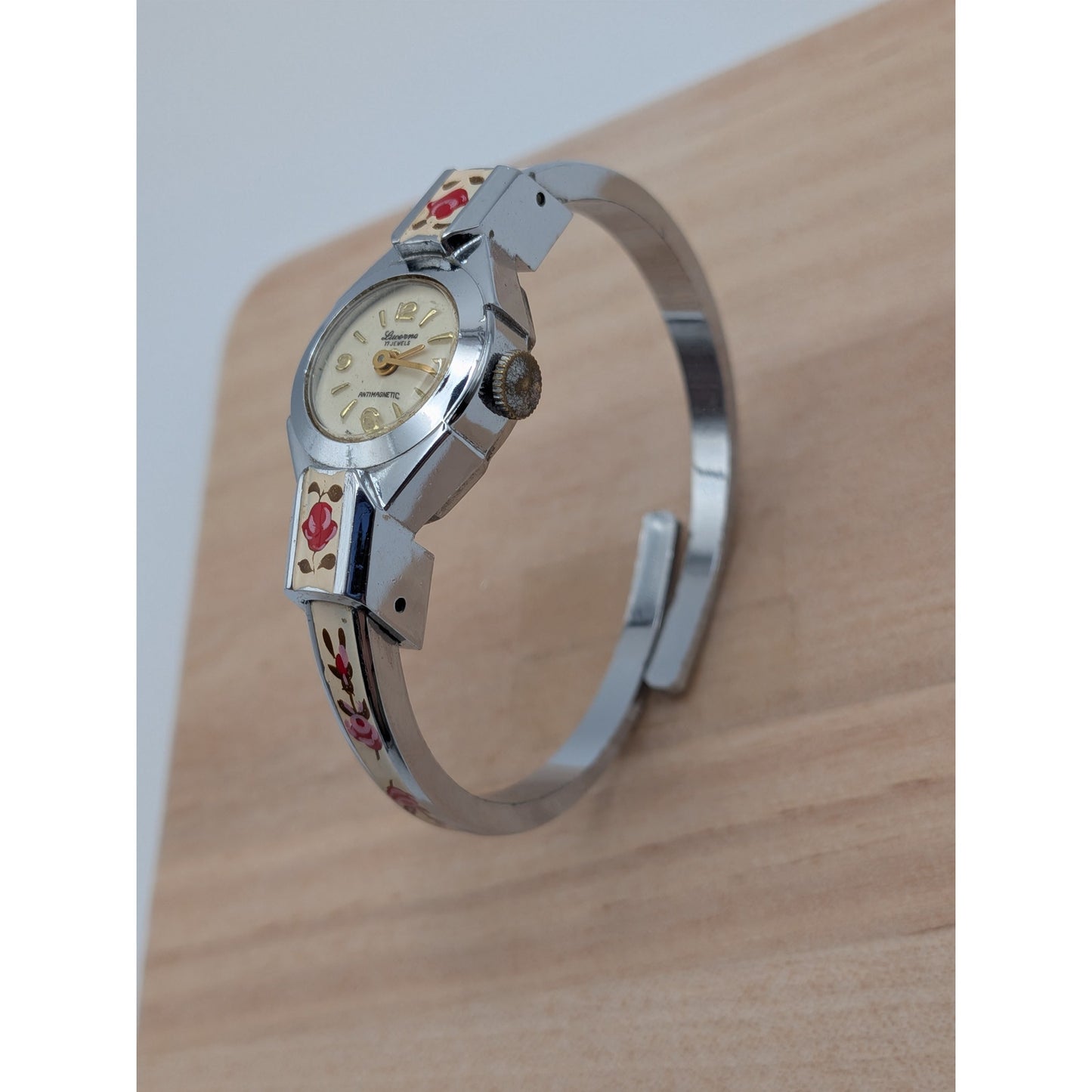 Vintage Lucerne Silver Tone Bangle Watch White Enamel Red Flowers
