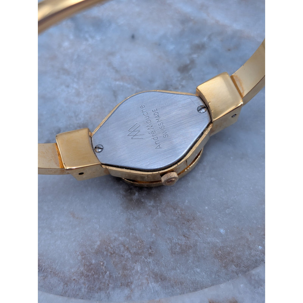 Vintage Andre Mouche Gold Tone Peekaboo Watch Black Enamel White Flower & Stones