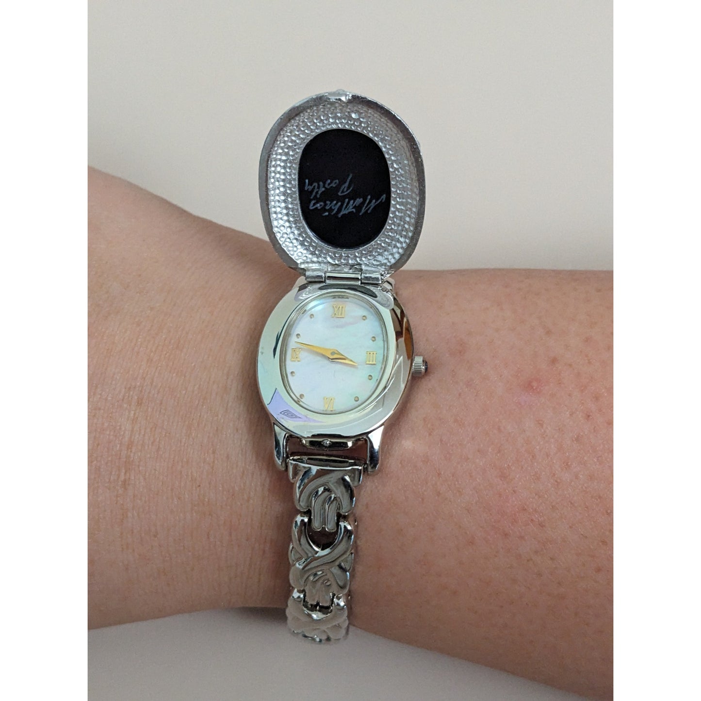 Vintage Andre Mouche Silver Tone Bangle Watch with Blue Floral Enamel Working