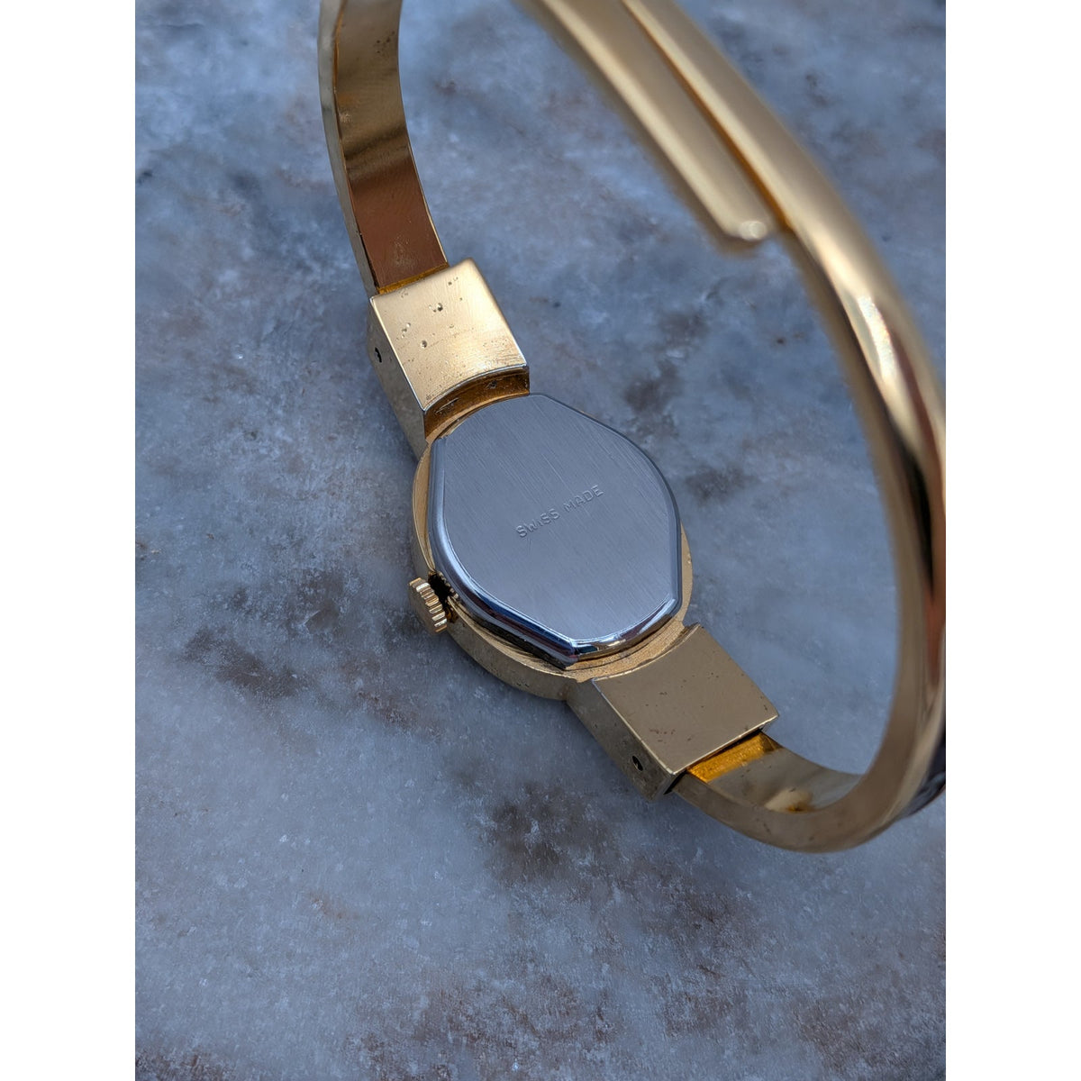 Vintage Andre Mouche Gold Tone Bangle Watch Reddish Brown Enamel White Flowers