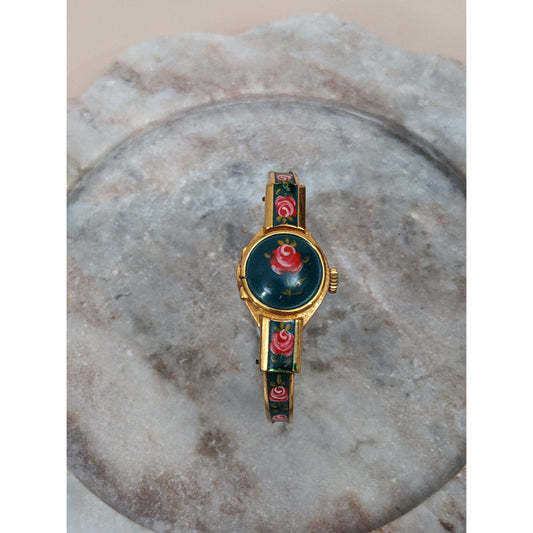 Vintage Andre Mouche Silver Tone Bangle Watch with Blue Floral Enamel Working