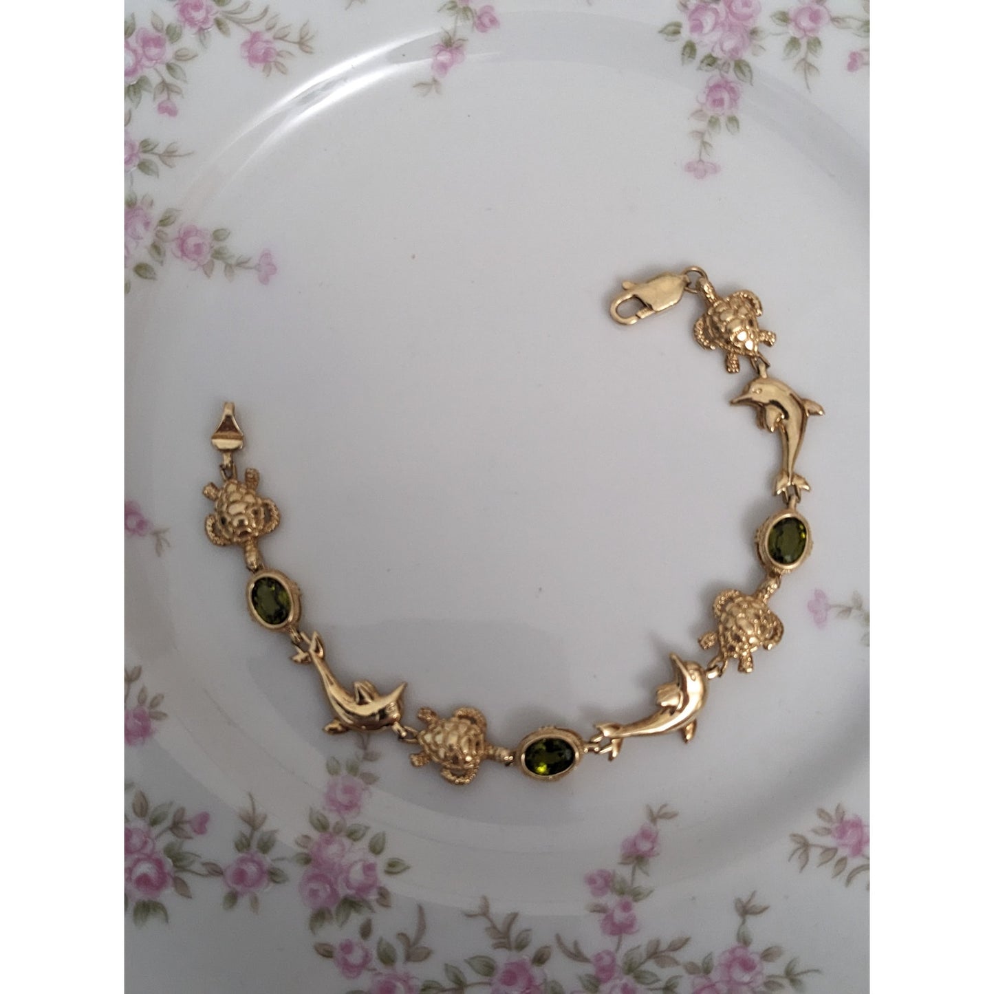 Vintage 14k Yellow Gold Peridot Turtle and Dolphin Bracelet 7.5in