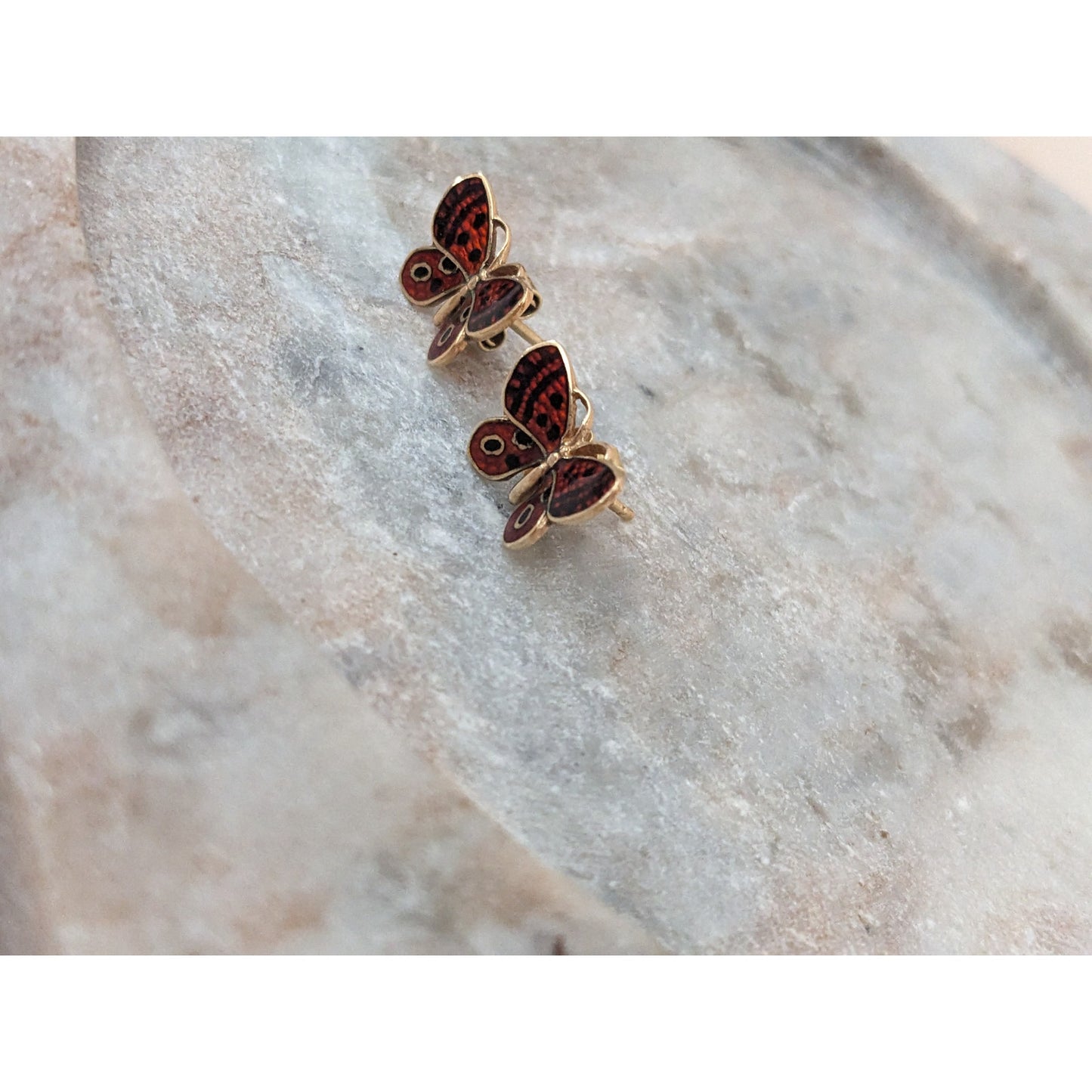 Vintage 14k Yellow Gold Butterfly Enamel Red and Black Stud Earrings