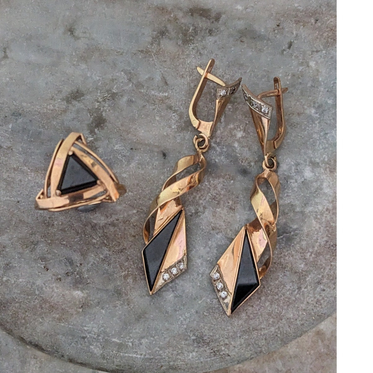Vintage 1990s USSR 14k Gold Earring and Ring Size 7 Set Onyx and Diamonds