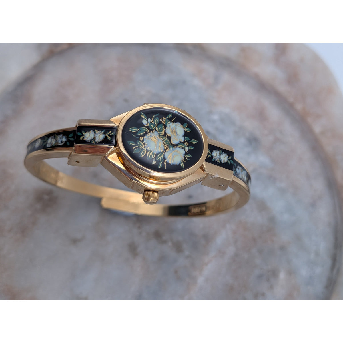 Preowned Andre Mouche 2000s Gold Tone Peekaboo Watch Black Enamel White Flowers