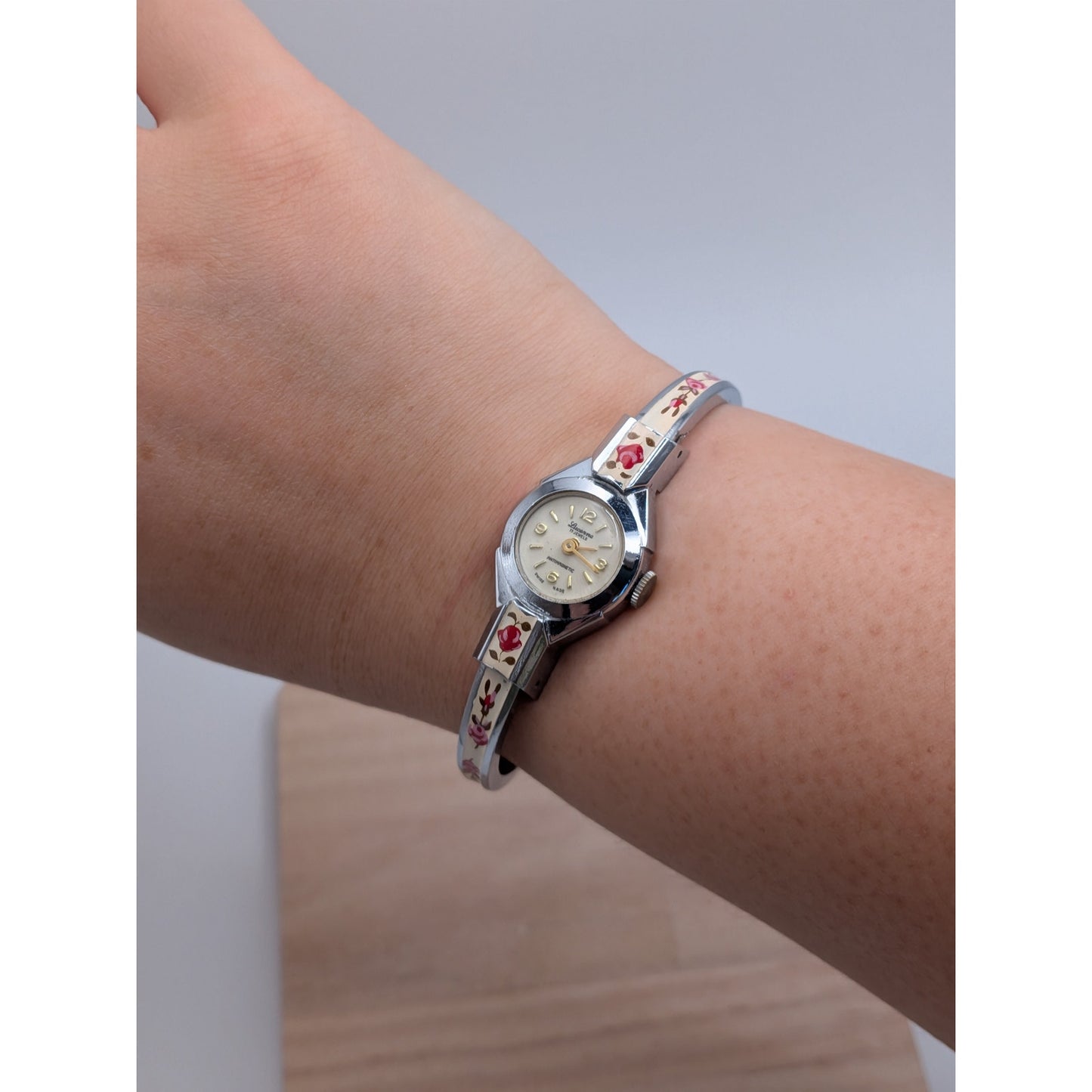 Vintage Lucerne Silver Tone Bangle Watch White Enamel Red Flowers
