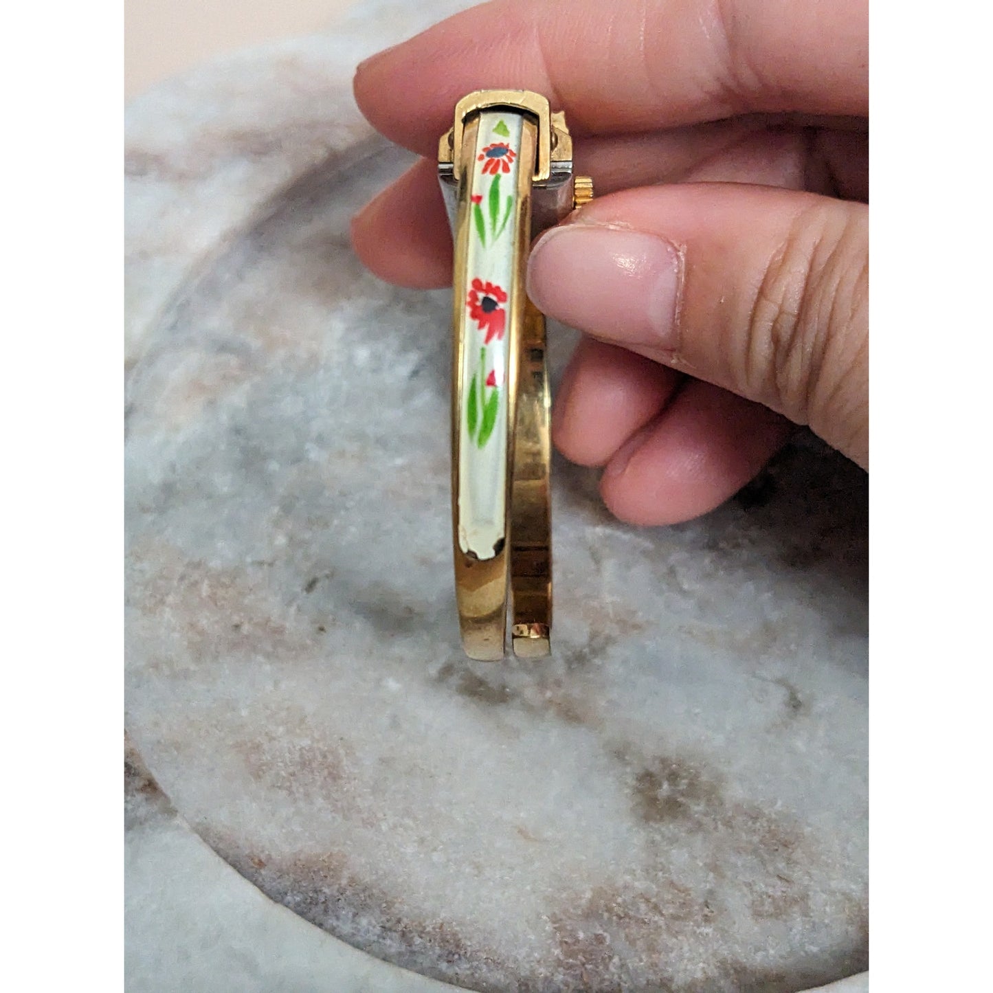 Vintage Andre Mouche Silver Tone Bangle Watch with Blue Floral Enamel Working