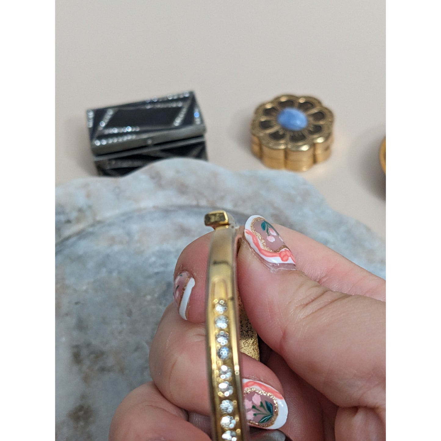 Vintage Andre Mouche Silver Tone Bangle Watch with Blue Floral Enamel Working