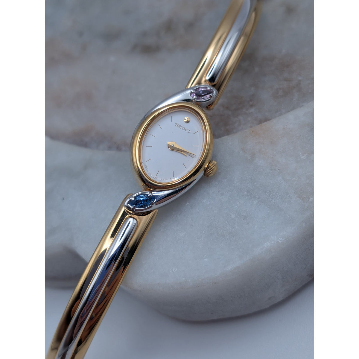 Vintage 1990s Seiko Two Tone Bangle Quartz Watch Dainty Dial Pink and Blue Stone