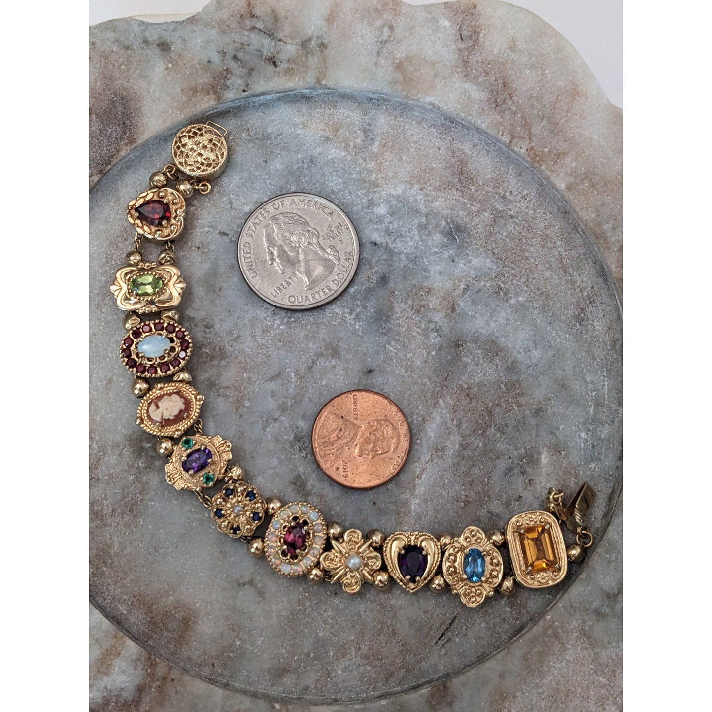 FLAW Vintage 14k Solid Gold Multi-Gemstone Slide Estate Bracelet