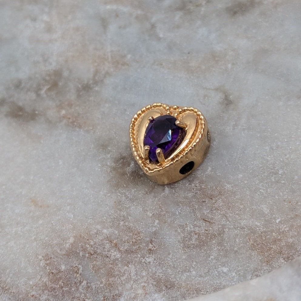 Vintage Old Victoria 14k Gold Heart Bracelet Slide Charm Purple Stone