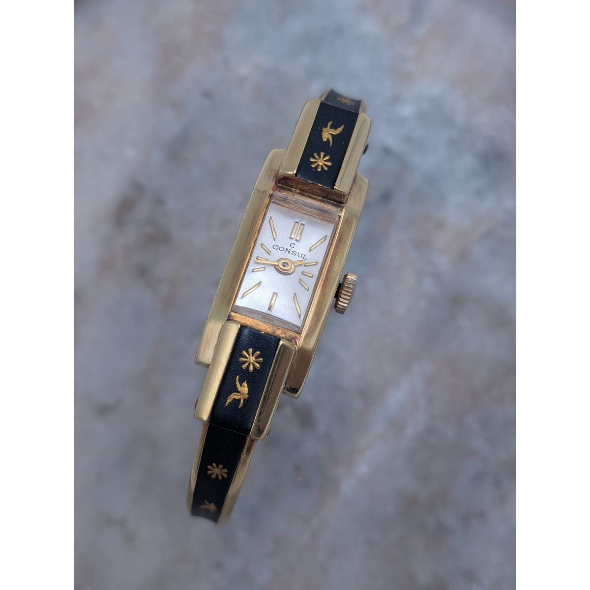 Vintage Consul Gold Tone Watch Matte Black Enamel Bird and Flower Accents