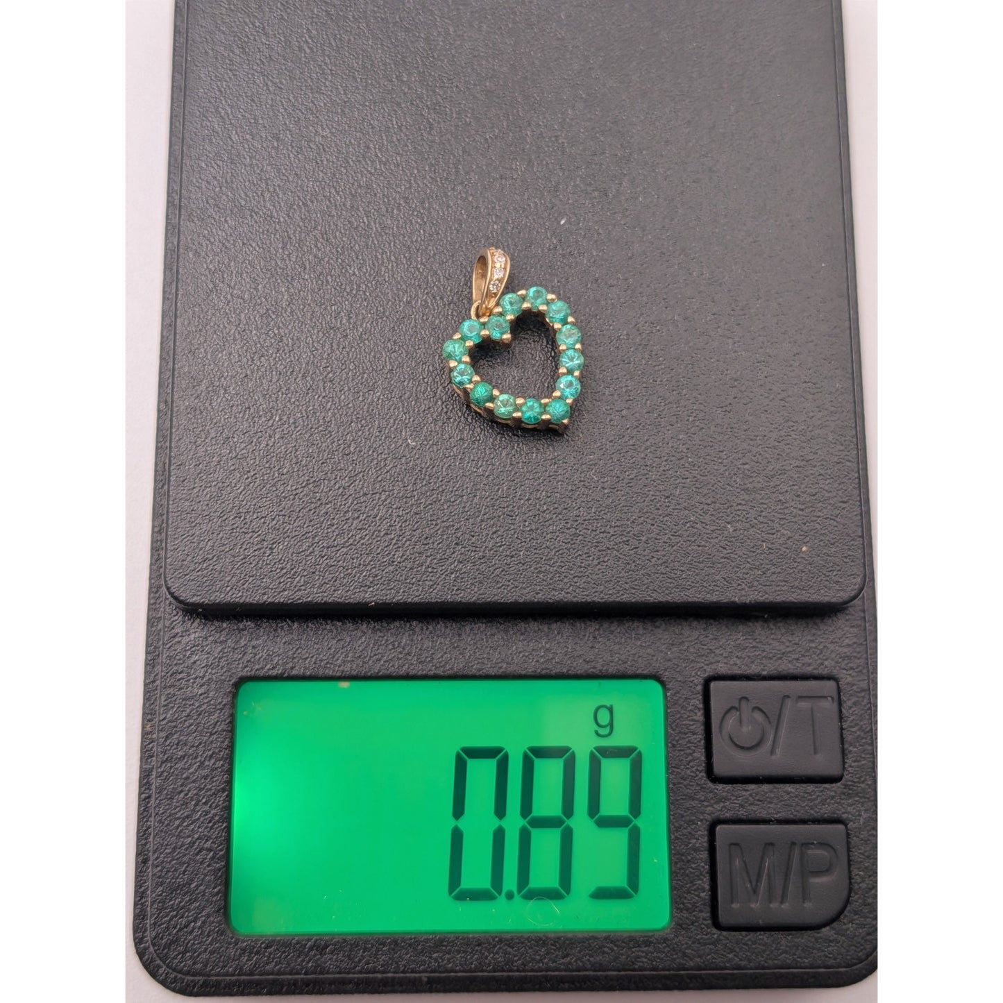 Estate 10k Yellow Gold Green and White Stone Mini Heart Pendant