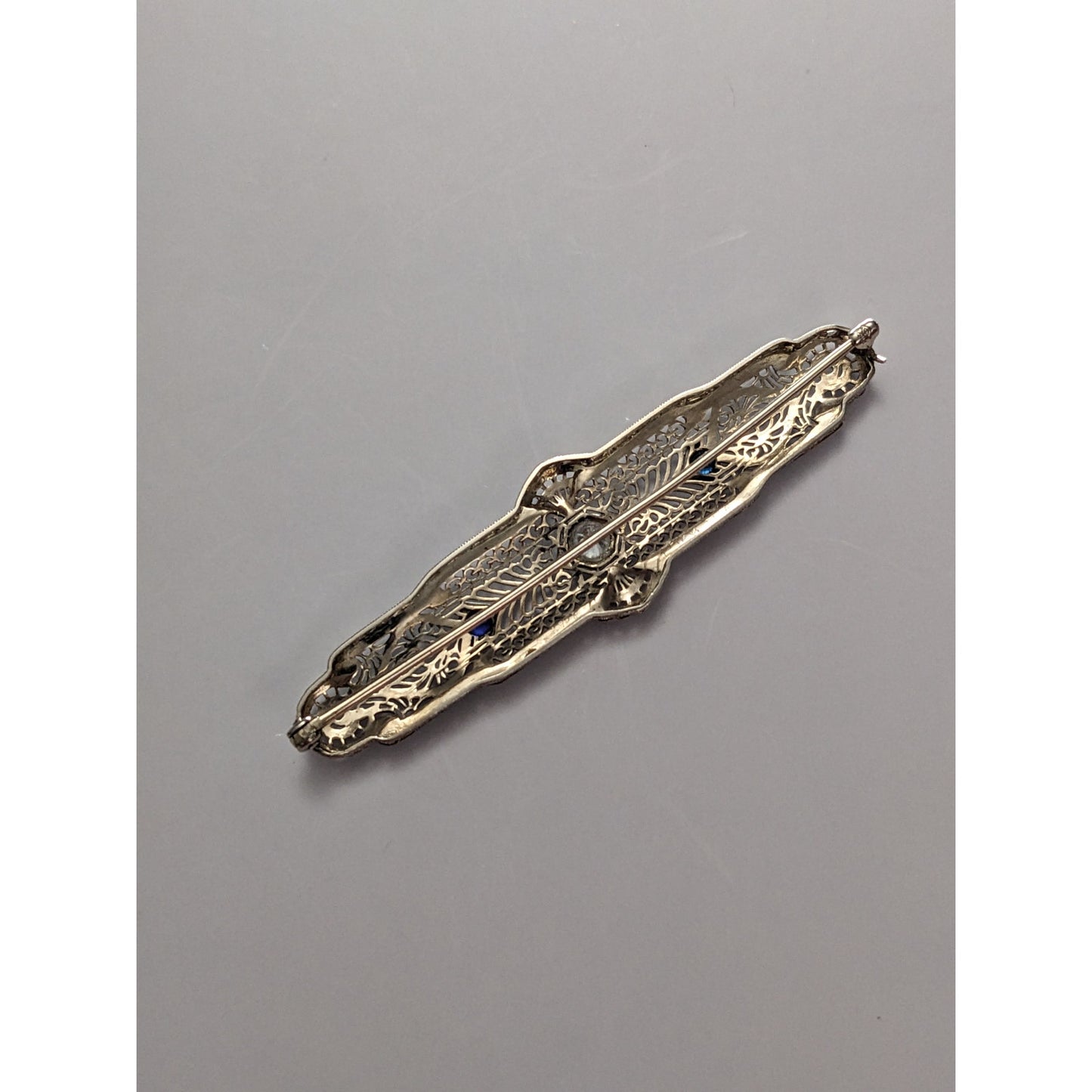 Vintage 14k White Gold Filigree Blue Enamel Diamond and Sapphire Accent Brooch