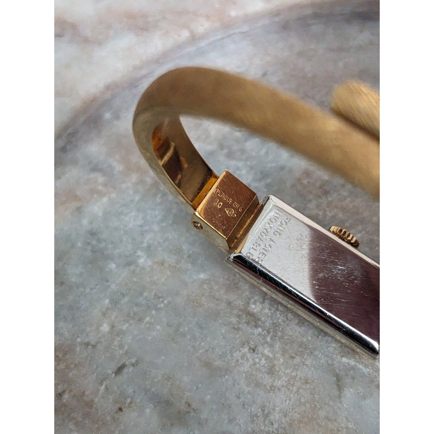 Vintage Andre Mouche Silver Tone Bangle Watch with Blue Floral Enamel Working