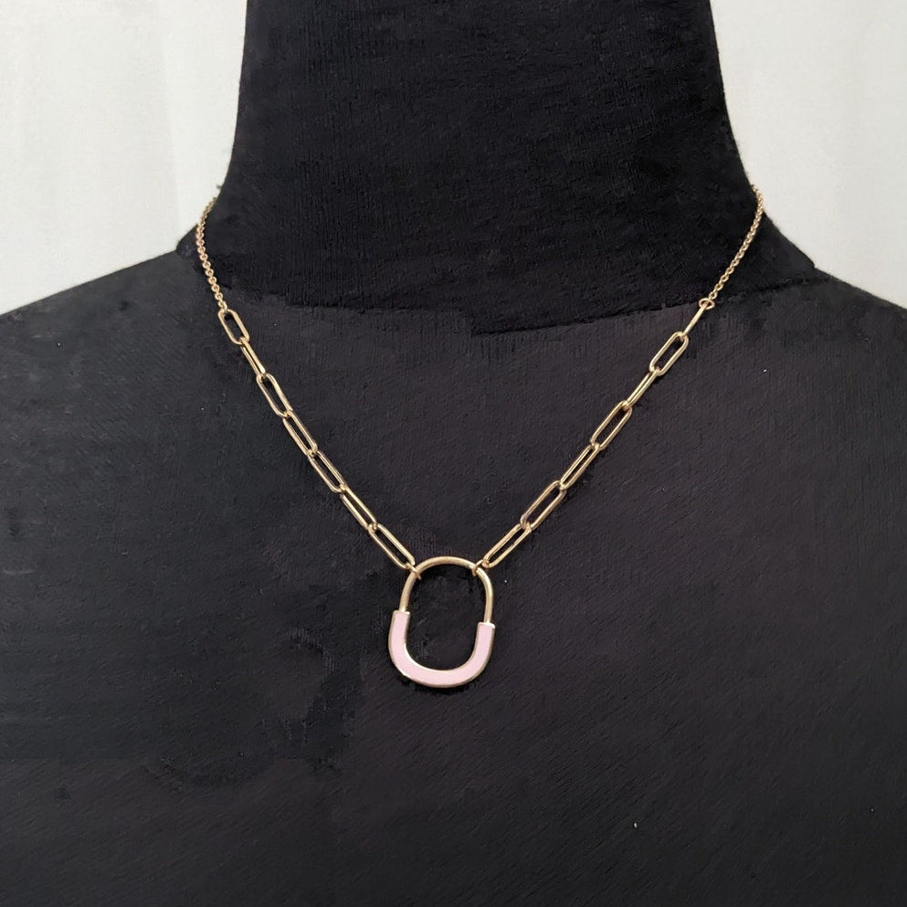 Preowned 14k Yellow Gold Paper Clip Chain Necklace Pink Enamel Pendant 18in