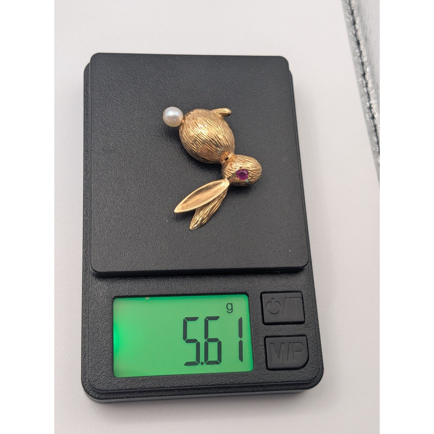 Vintage 14k Yellow Gold Rabbit Brooch with Pink Eye and Pearl
