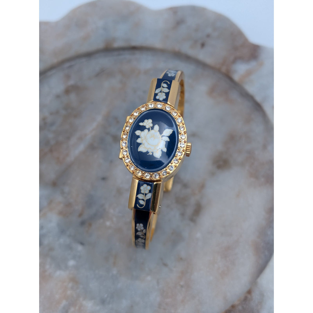 Vintage Andre Mouche Gold Tone Peekaboo Watch Blue Enamel White Flowers & Stones