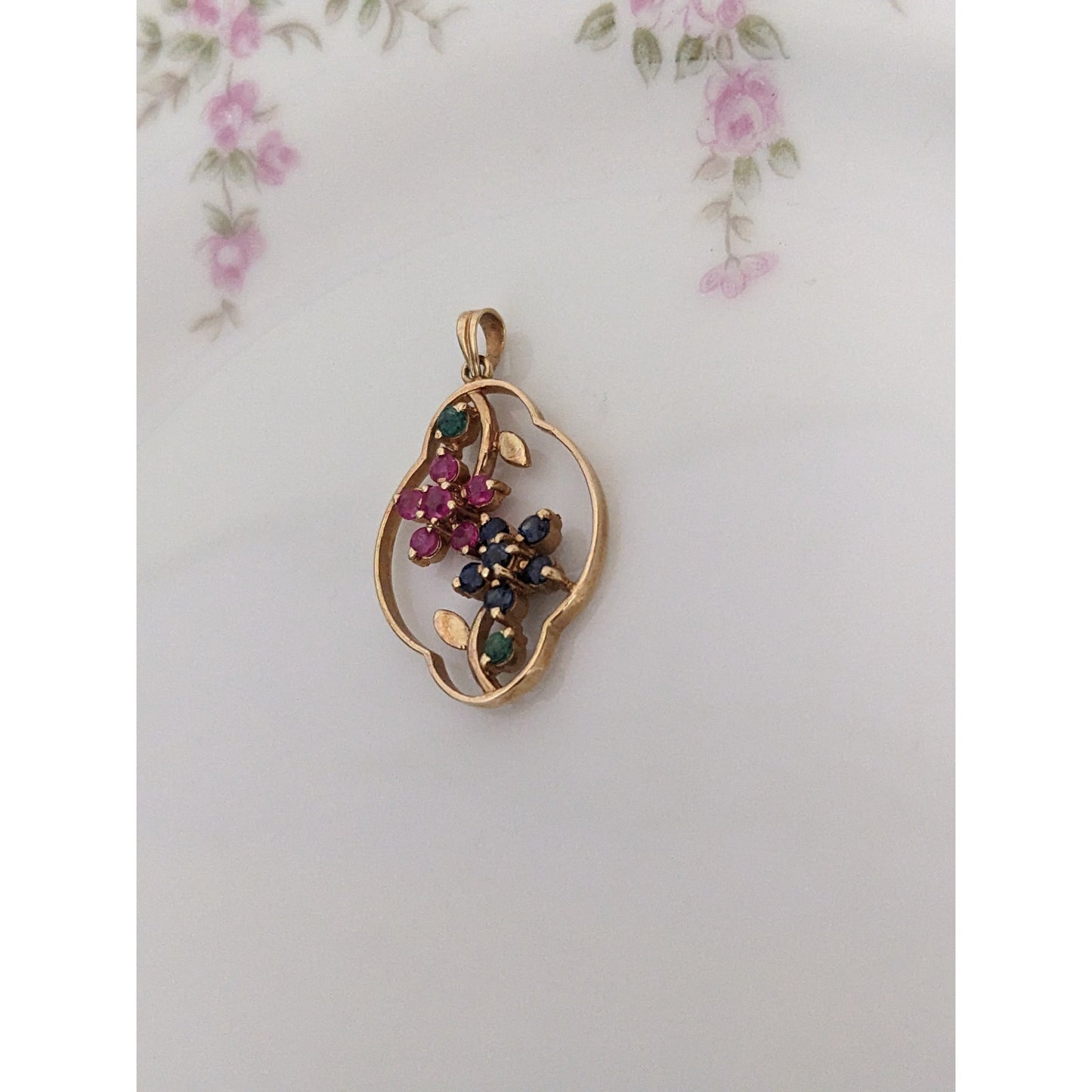 Estate 14k Yellow Gold Pink and Blue Gem Flowers Pendant