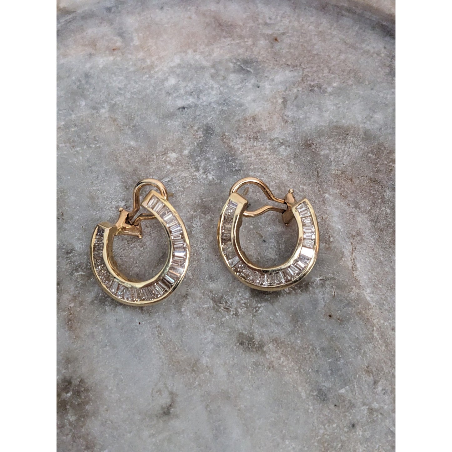Estate 14k Yellow Gold Baguette Diamonds Omega Backing Earrings