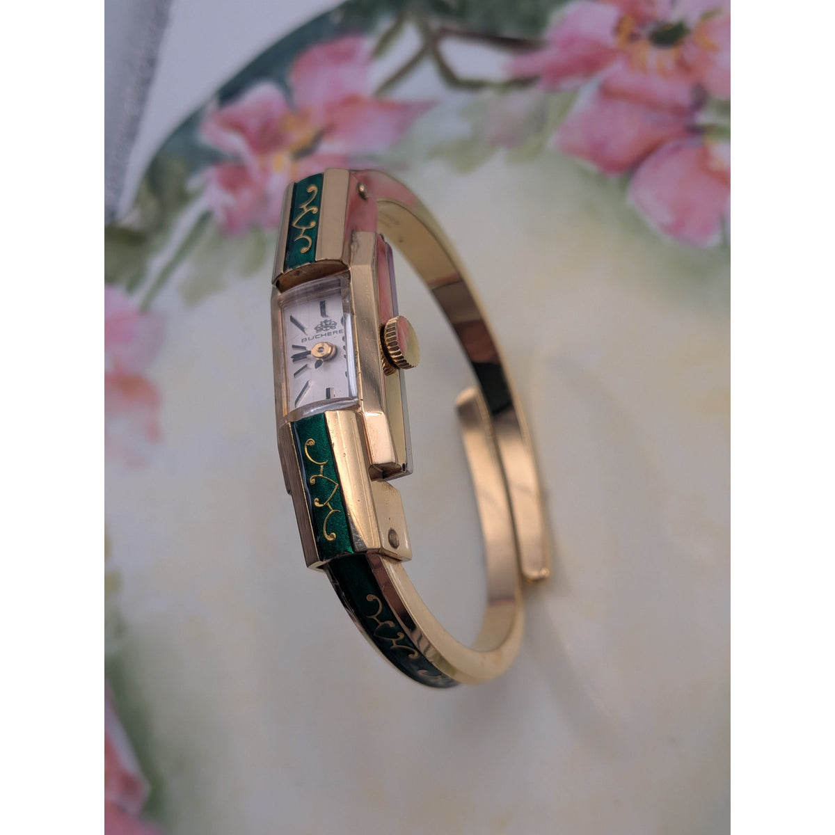 FLAW Vintage Bucherer Gold Tone Bangle Watch Green Enamel Gold Pattern Accent