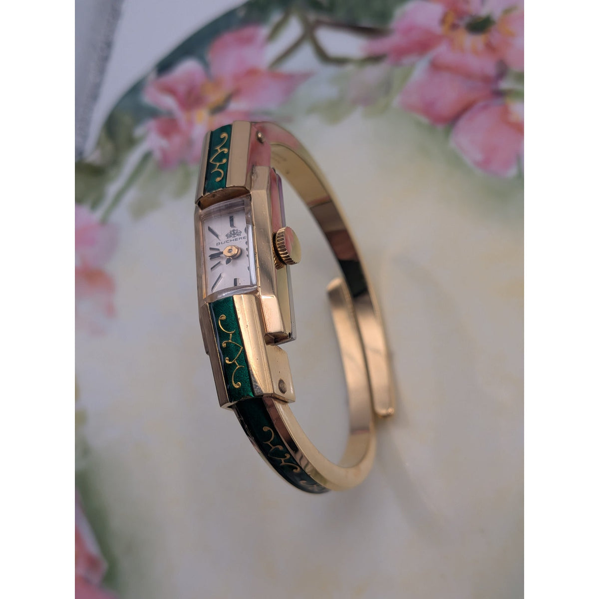FLAW Vintage Bucherer Gold Tone Bangle Watch Green Enamel Gold Pattern Accent