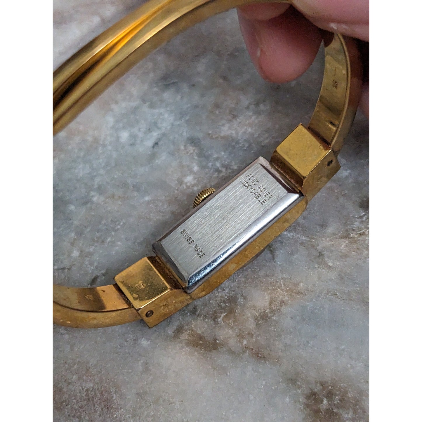 Vintage Andre Mouche Silver Tone Bangle Watch with Blue Floral Enamel Working