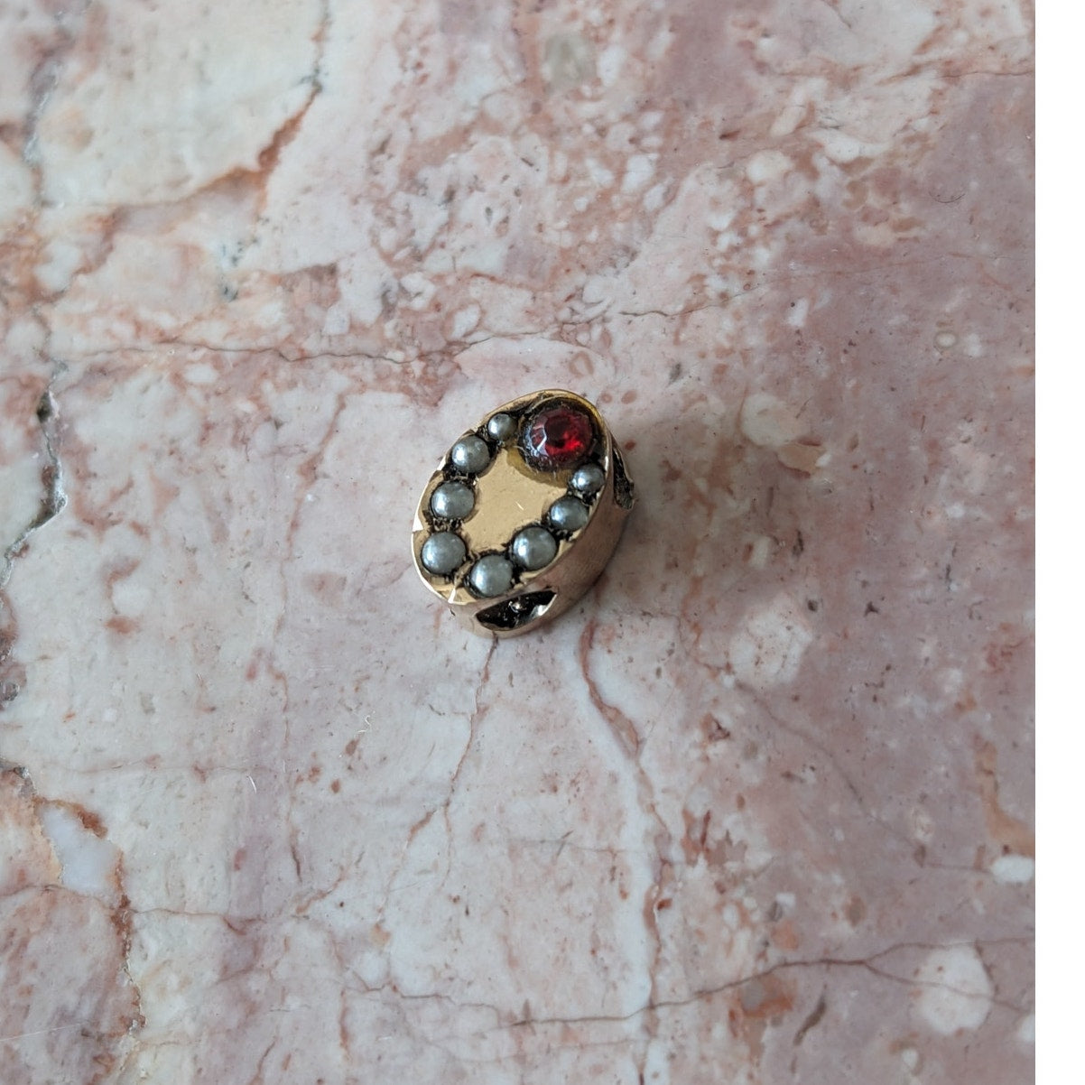 Vintage Unmarked 10k Gold Oval Slider Charm with Pink and White Stones