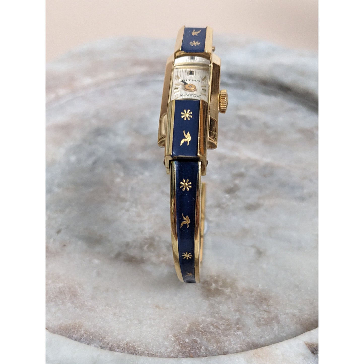 Vintage Andre Mouche Silver Tone Bangle Watch with Blue Floral Enamel Working