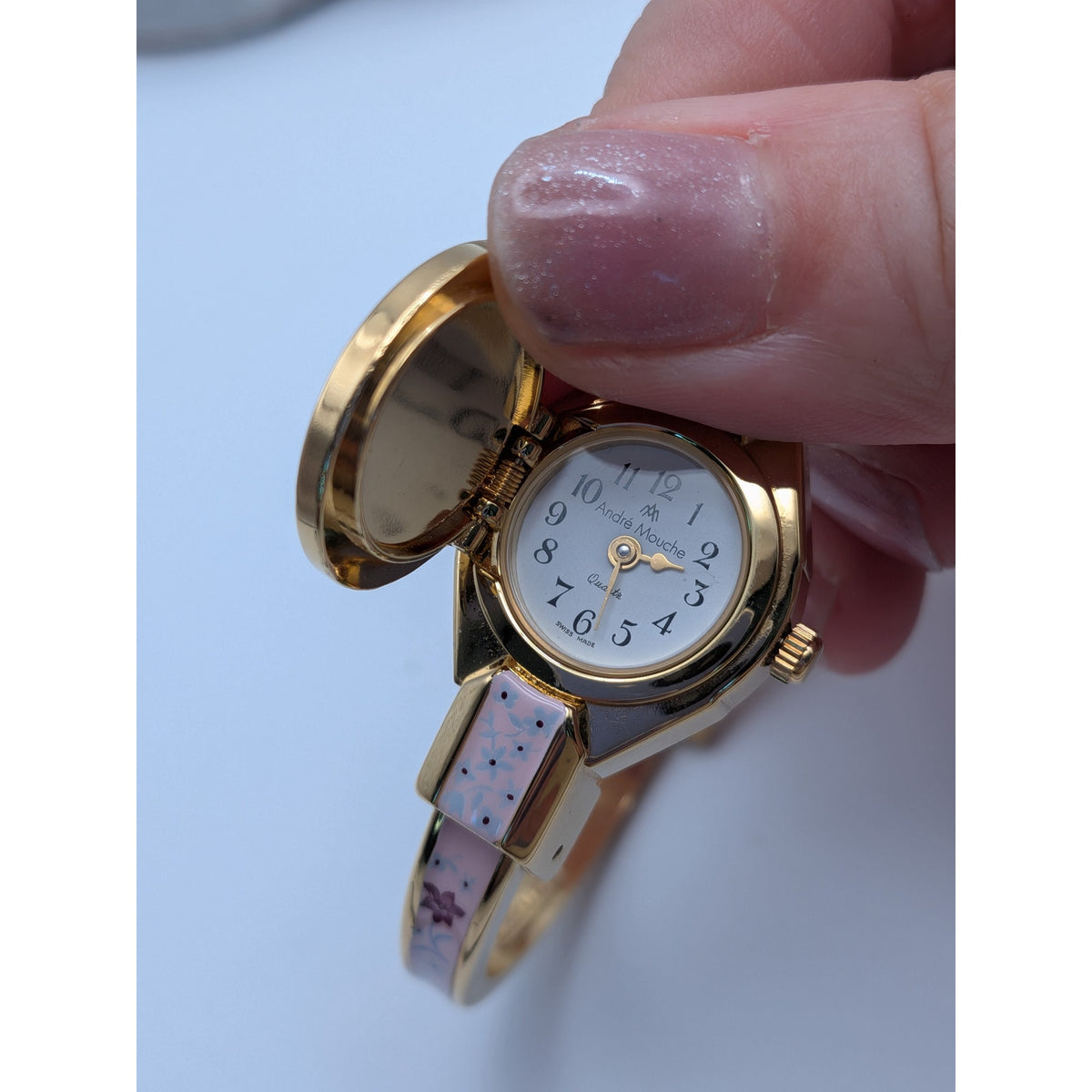 Preowned Andre Mouche Gold Tone Peekaboo Watch Pink Enamel Purple Flowers