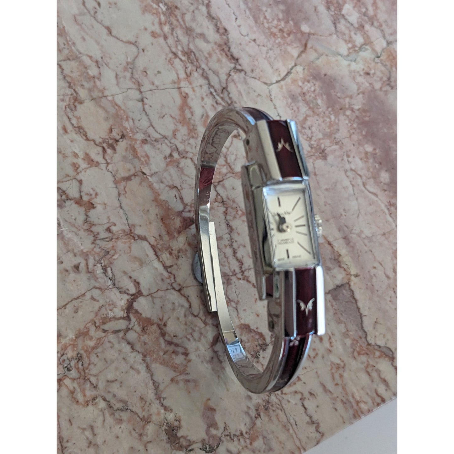 Vintage Chandler Manual Silver Tone Bangle Watch Red Enamel Botanical Shqapes