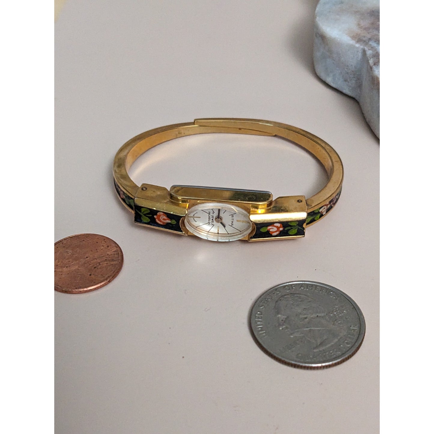 Vintage Andre Mouche Silver Tone Bangle Watch with Blue Floral Enamel Working