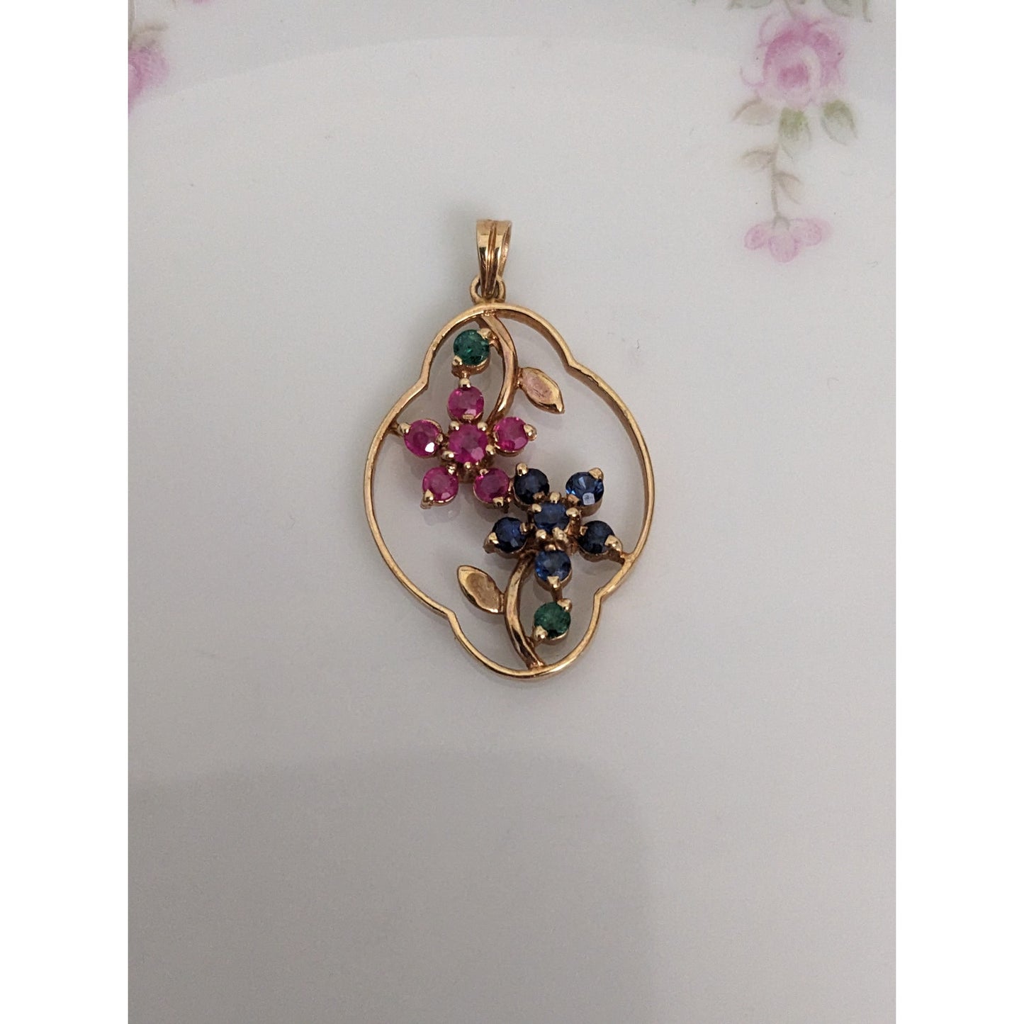 Estate 14k Yellow Gold Pink and Blue Gem Flowers Pendant