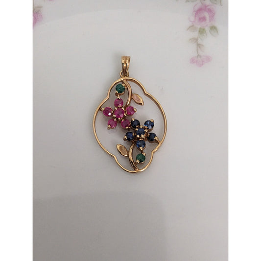 Estate 14k Yellow Gold Pink and Blue Gem Flowers Pendant