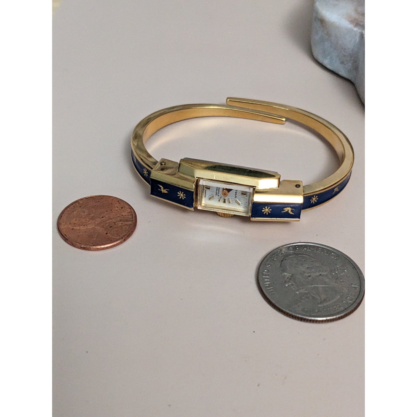 Vintage Andre Mouche Silver Tone Bangle Watch with Blue Floral Enamel Working