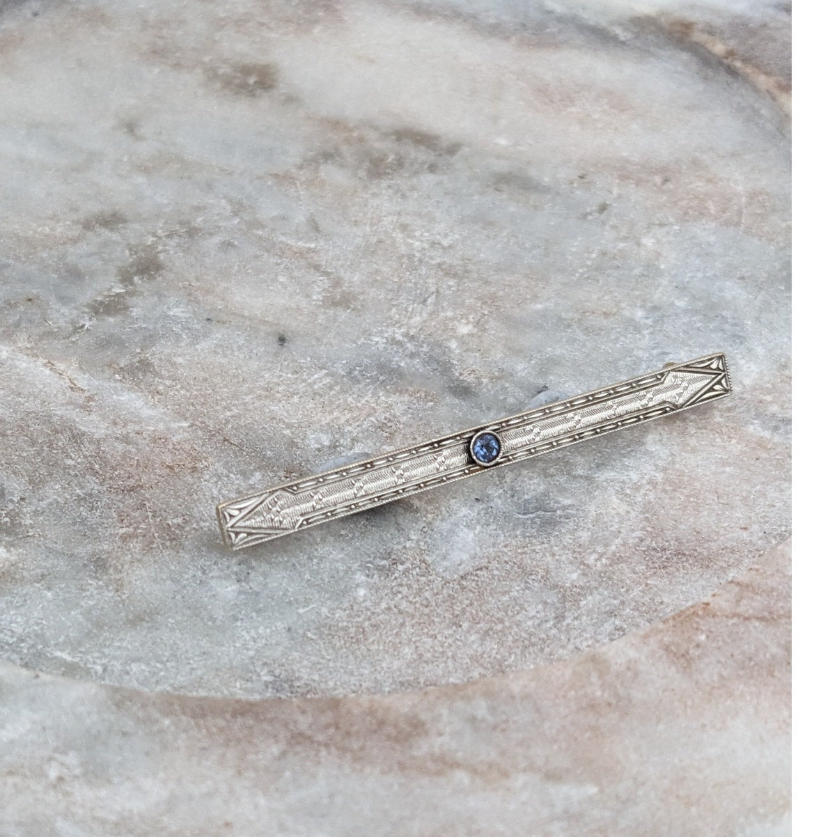 Vintage 14k White & Yellow Gold Bar Brooch with Blue Sapphire