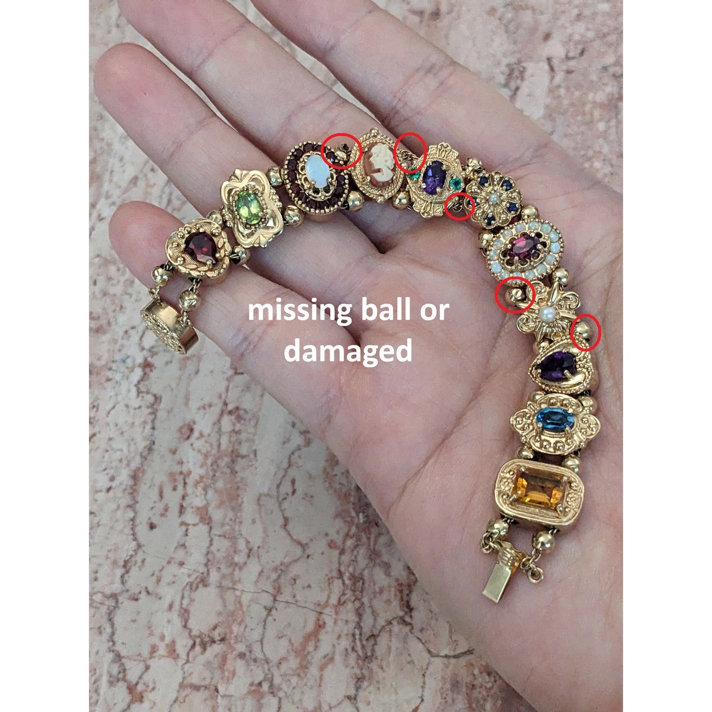 FLAW Vintage 14k Solid Gold Multi-Gemstone Slide Estate Bracelet