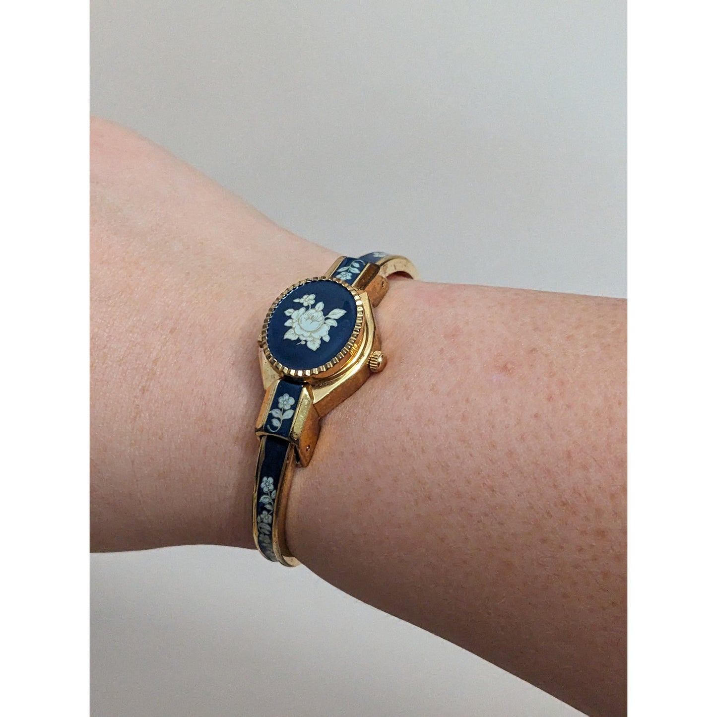 Vintage Andre Mouche Gold Tone Bangle Watch with Deep Blue Floral Enamel Working