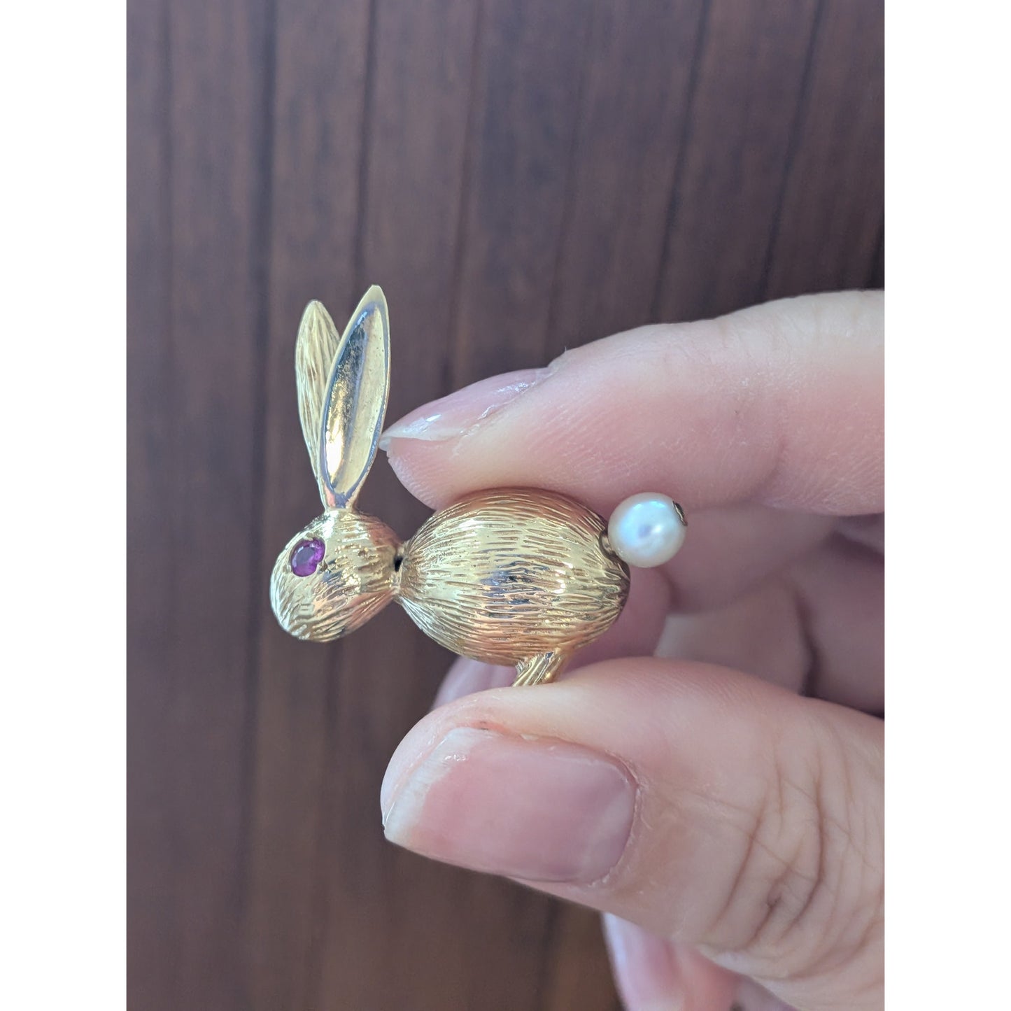 Vintage 14k Yellow Gold Rabbit Brooch with Pink Eye and Pearl