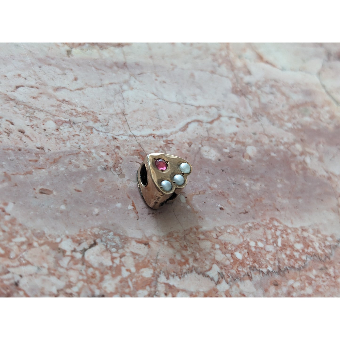 Vintage Unmarked 10k Gold Heart Shaped SLider Charm with Pink and White Stones