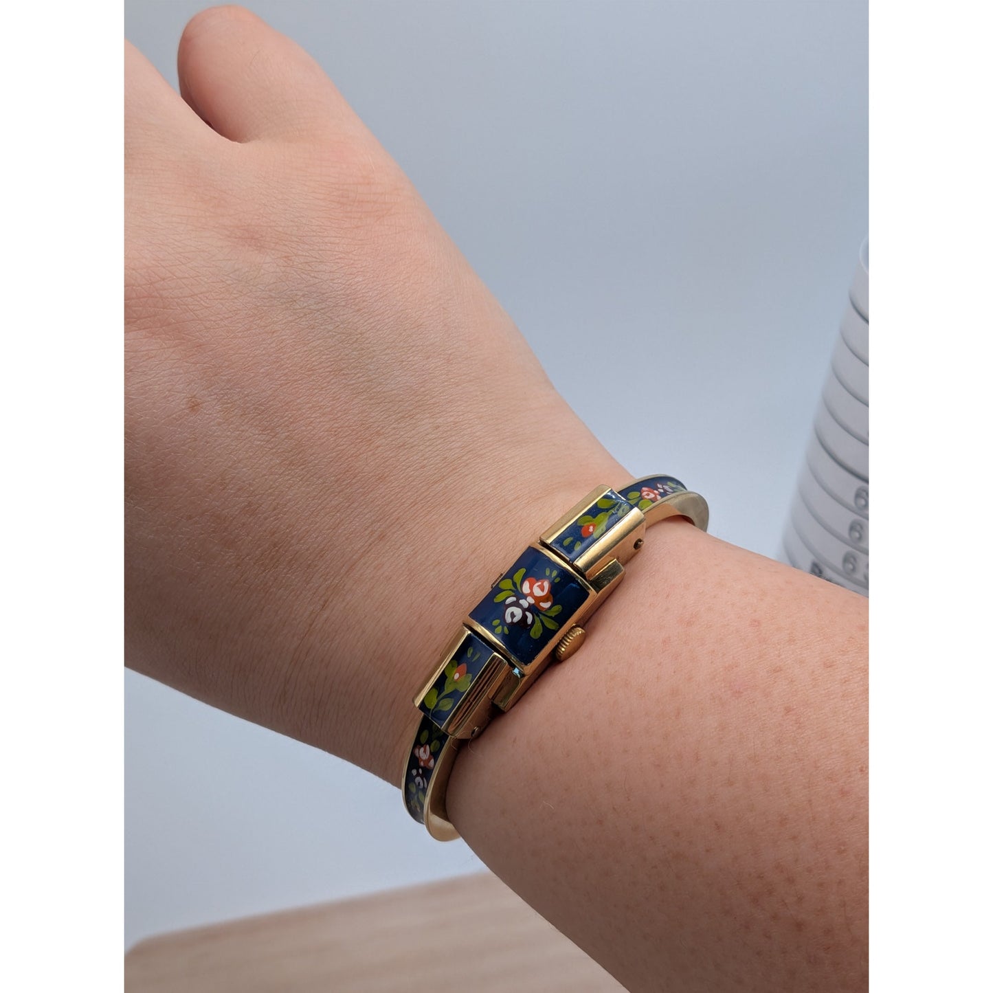 Vintage Ritma Gold Tone Peekaboo Manual Watch Blue Enamel Flowers