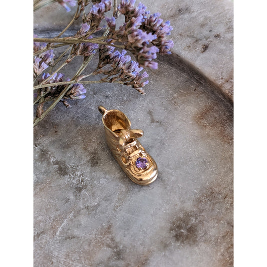 Vintage 14k Yellow Gold Sneaker Shoe with Purple Gem Pendant Charm