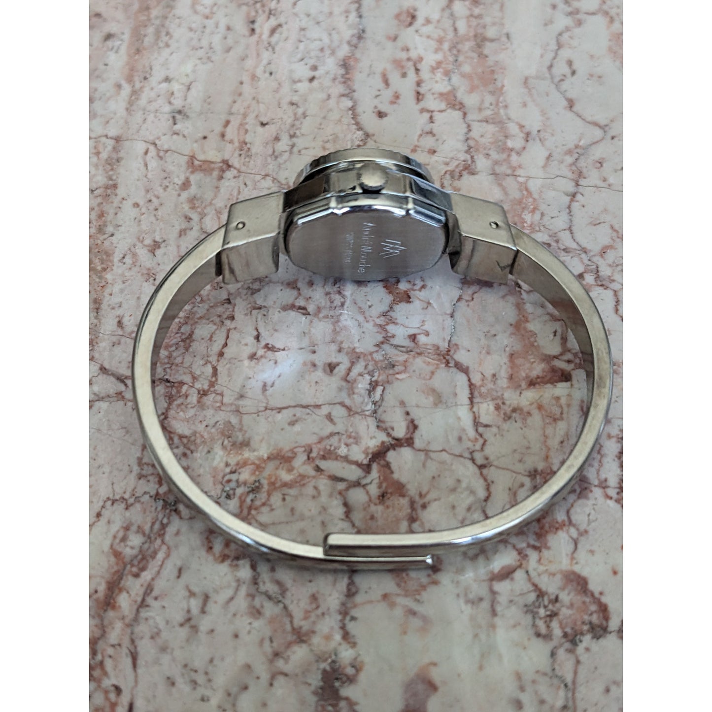 Vintage Andre Mouche Silver Tone Bangle Watch White Enamel Blue Flowers