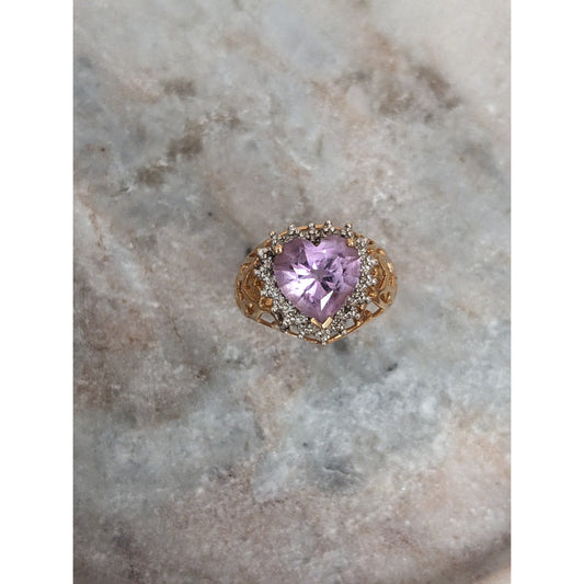 Vintage 10k Yellow Gold Ring Light Amethyst Stone Heart Cutouts Size 6.25