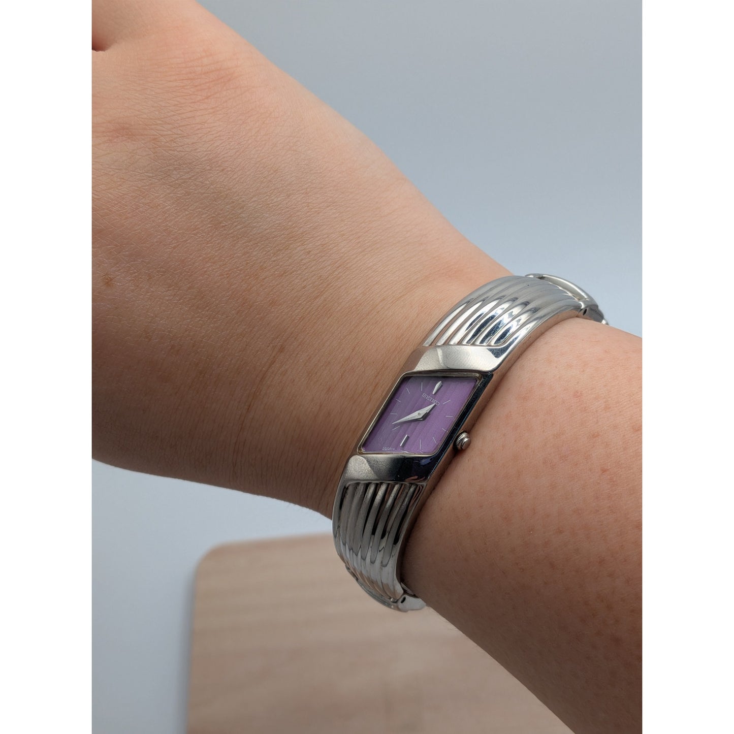 Vintage Seiko Rivoli Silver Tone Asymmetrical Watch Purple Dial