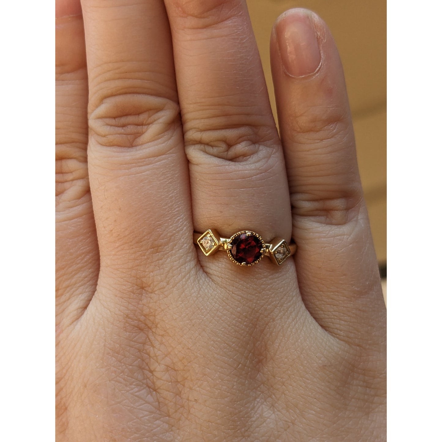 Estate 14k Yellow Gold Red Garnet White Zircon Accent Stone Ring Size 7