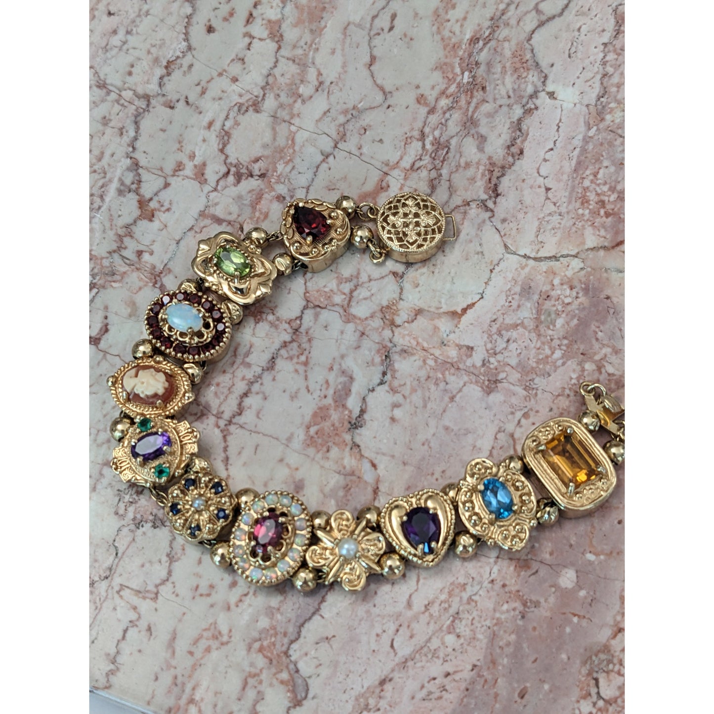 FLAW Vintage 14k Solid Gold Multi-Gemstone Slide Estate Bracelet
