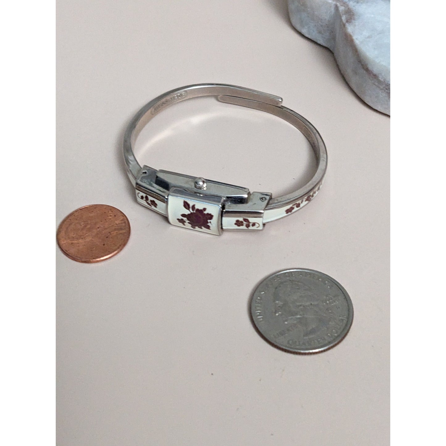 Vintage Andre Mouche Silver Tone Peek a boo Watch Red Floral Enamel Working