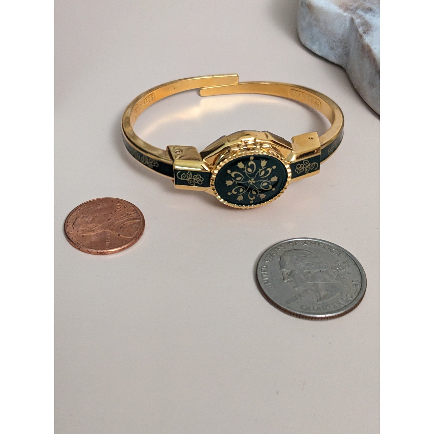 Vintage Andre Mouche Silver Tone Bangle Watch with Blue Floral Enamel Working