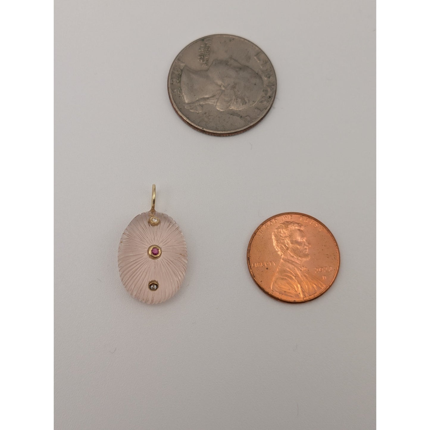 14K Gold Carved Fluted Rose Quartz Pendant w/ Natural Ruby & Diamond Accents